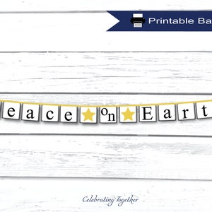 STAMPABILE Banner Peace on Earth con stelle dorate, download istantaneo ghirlanda natalizia per mensola del soggiorno, arredamento per caminetto natalizio