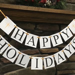 Happy Holidays Banner, Gold North Star Christmas decorations, living room holiday decor, fireplace mantel bunting, Merry Christmas garland
