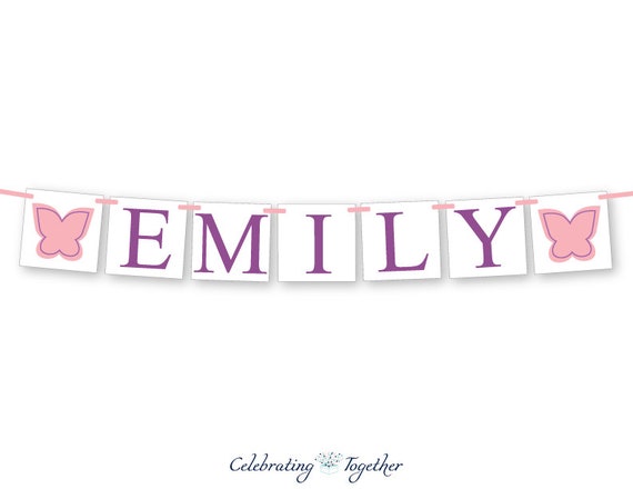 custom baby name banner baby shower decorations, personalized name sign nursery decor, garden party garland, butterfly its a girl bunting Il_570xn