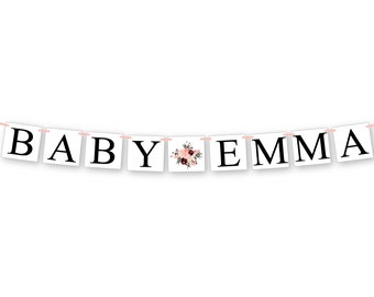 baby name banner, coral and maroon watercolor flower baby shower decorations, floral girl baby shower banner, its a girl gender reveal ideas