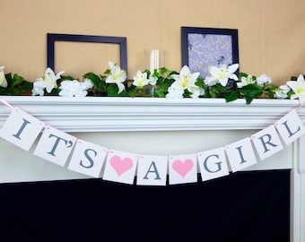 its a girl banner, gray and pink baby shower decorations, girl baby shower banner, baby girl gender reveal ideas, baby shower bunting