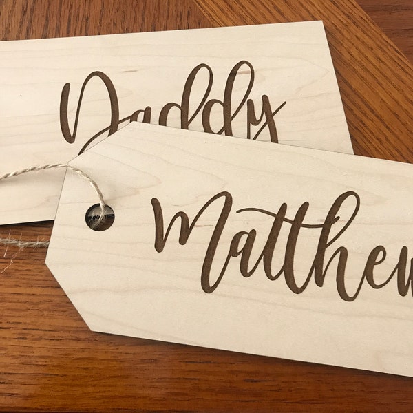 Personalized name gift tags, custom Christmas ornaments, rustic holiday decorations, tree carved holiday decor, engraved wood 2023 stuffer
