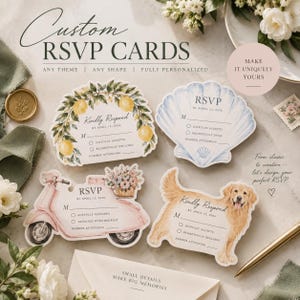 May include: Four custom RSVP cards featuring diverse designs: a lemon wreath, a blue seashell, a pink scooter with flowers, and a golden retriever. Each card includes lines for guest names, response options, and a date of April 15, 2026.