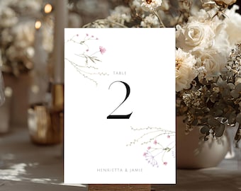 Wildflower Wedding Table Numbers, Printed Floral Table Cards, Personalized with Names, Ready to Display