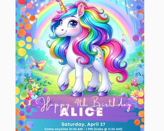 Editable Rainbow Unicorn Birthday Invitation, Digital & Printable, Magical Unicorn and Rainbow Theme, Canva Template, 4th Birthday