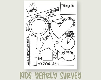 Kids Yearly Favorites Tracker Journal Page-Kids Get to know you survey for the first day of school, birthday interviews, New year tradition-