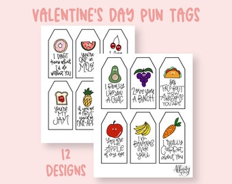 Printable Valentine's Day Food Pun Tags - 12 Adorable Designs for School, Work, and Home! Valentines Day Tags with Cheesy Food Puns!
