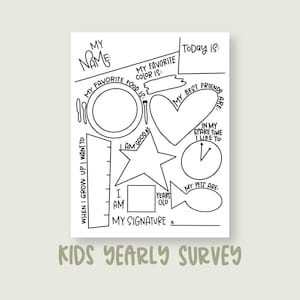 Kids Yearly Favorites Tracker Journal Page-Kids Get to know you survey for the first day of school, birthday interviews, New year tradition-