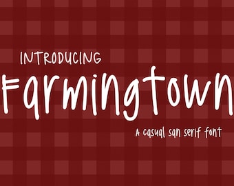 Puede incluir: La imagen muestra el texto "INTRODUCING Farmingtown" en blanco, con una fuente de estilo manuscrito. Debajo, se lee "A casual san serif font". El fondo es un patrón de cuadros rojo oscuro.