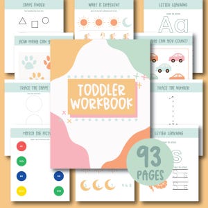 Libro de trabajo educativo para niños pequeños / Libro de trabajo imprimible para preescolar, páginas para trazar, hojas de trabajo de asociación, actividades numéricas, contar letras y formas