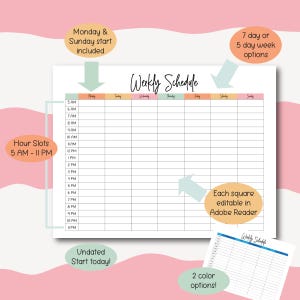 Cronograma semanal editável e imprimível com detalhes por hora | 5h - 23h (PDF)