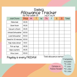 May include: A printable allowance tracker chart for kids with a pink, green, and orange color scheme. The chart includes a list of chores and their corresponding prices, along with columns for each day of the week and a total column. The text "Sadie's Allowance Tracker" is at the top of the chart, and the text "Payday is every FRIDAY!" is at the bottom. The chart is editable in Adobe Reader and includes 4 templates with 5, 7, 10, and 15 jobs.
