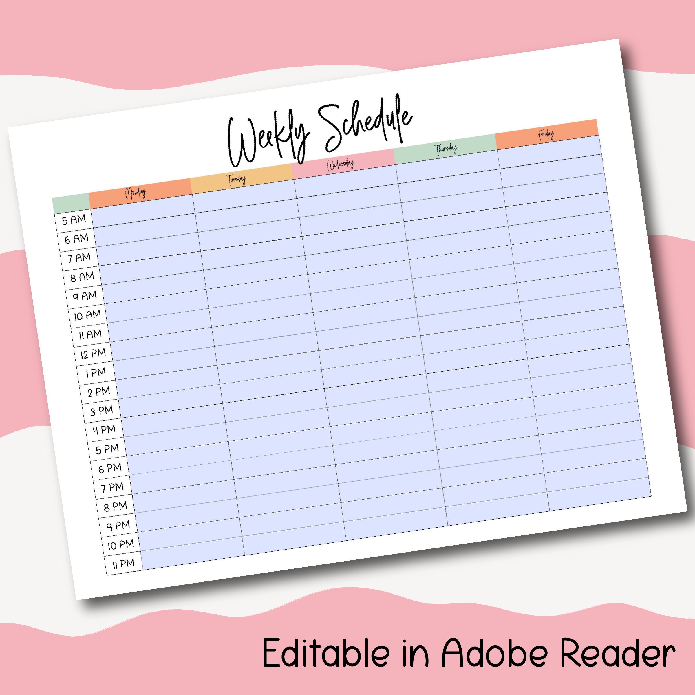 Editable Weekly Hourly Schedule Printable | 5 AM - 11 PM (PDF) - Etsy