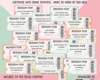 Afdrukbare kindertegoedbonnen | Kortingsbon voor kinderen | Bewerkbaar couponboek voor kinderen | Aanpasbaar voor thuis of in de klas | Kortingsbonnen in de klas | Canva-pdf