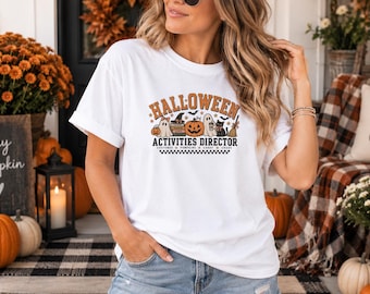 Halloween Activities Director T-Shirt — Cute Pumpkin & Cat Fall Shirt for Halloween Parties