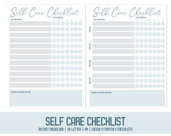 Self Care Checklist Printable | Monthly and weekly Self Care Checklists | Self Care Ideas List