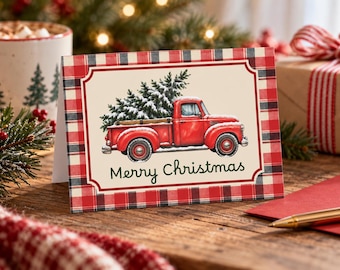 Red Vintage Truck Christmas Greeting Cards | Holiday Plaid Note Cards