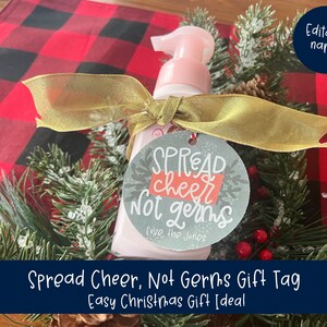 May include: A pink soap dispenser with a gold ribbon and a gift tag that reads "Spread Cheer, Not Germs." The tag is decorated with a wreath design. The background includes a red and black plaid pattern and greenery.