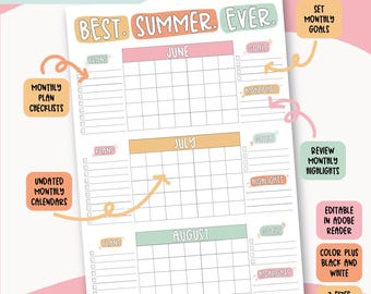 Bewerkbare poster zomerkalender | Grote zomerplanner afdrukbaar 18 x 24 24 x 36 | Zomerdoel en bucketlist | Niet gedateerd juni juli augustus