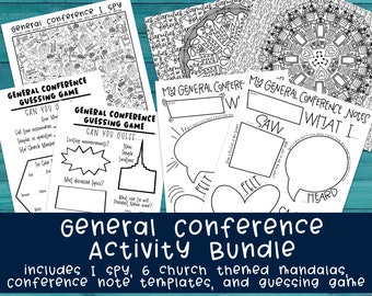 May include: A printable activity bundle for general conference featuring a "I Spy" game, six church-themed mandalas, conference note templates, and a guessing game. The bundle includes black and white illustrations.
