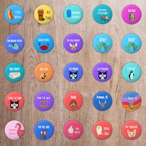 Pack of Pun Pinback Buttons / 1in Funny Accessories / Animal Puns / Food Puns / Humor Hilarious / Small Gift / Bad Jokes / Play on Words
