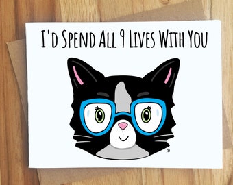 I'd Spend All 9 Lives With You Cat Pun Greeting Card / Handmade Gift / Love Anniversary Friendship / Pet Cat Animal Puns Punny Play on Words