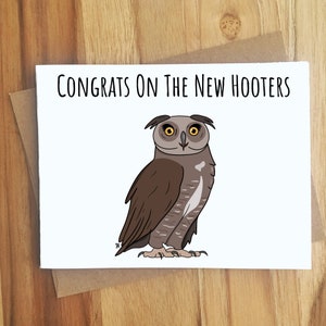 Congrats On The New Hooters Owl Pun Greeting Card / Handmade Gift / Funny Cute Card / Breast Enhancement Augmentation Reduction / Friendship image 1