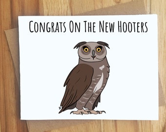 Congrats On The New Hooters Owl Pun Greeting Card / Handmade Gift / Funny Cute Card / Breast Enhancement Augmentation Reduction / Friendship