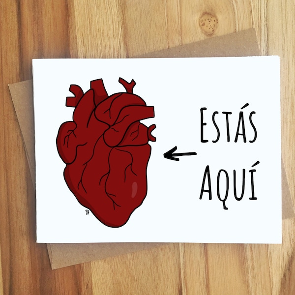 Estás Aquí El Corazón Heart Greeting Card / Love Anniversary / Dark Humor / Handmade Gift / Thinking of You / Mi Corazon / Miss You Love You