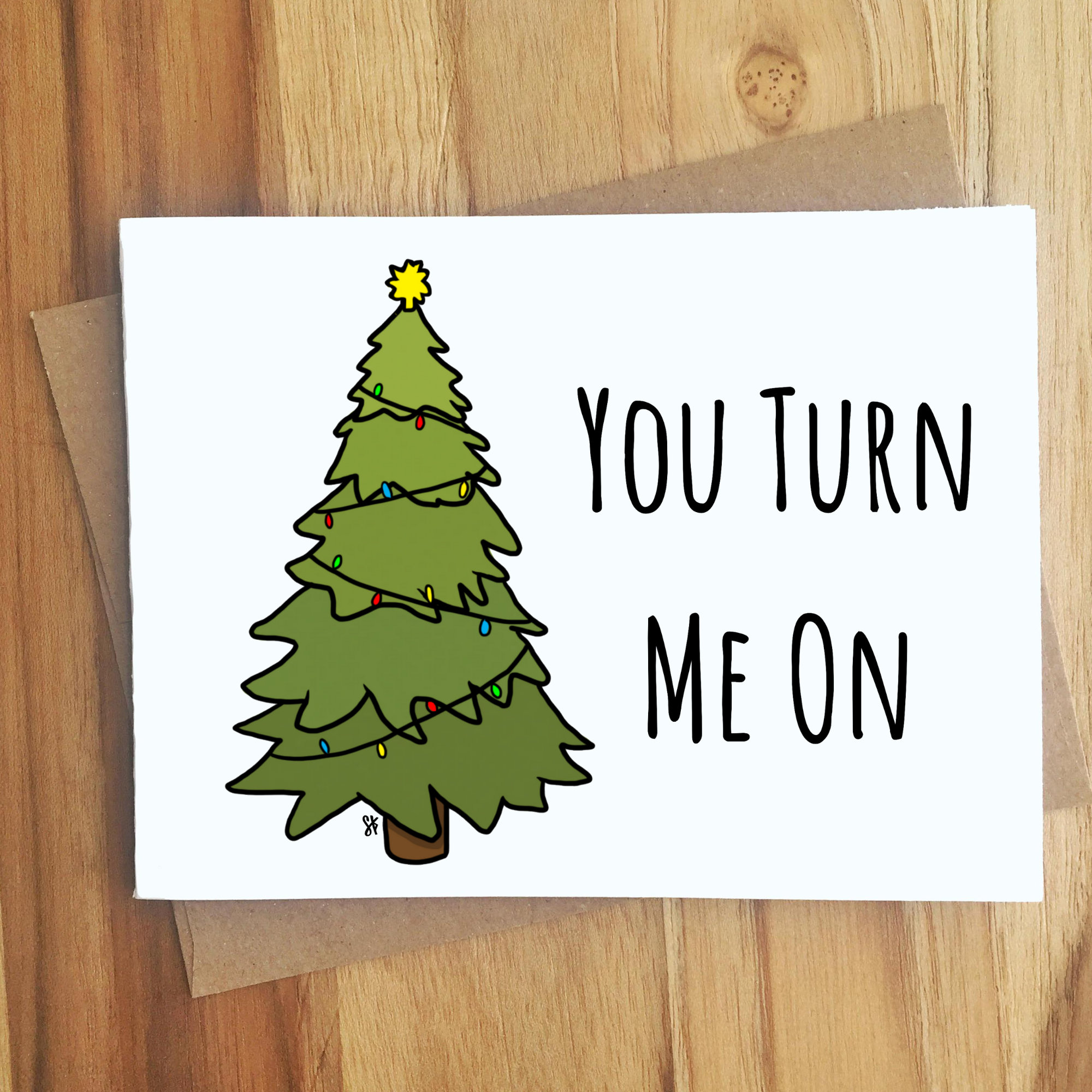 You Turn Me On Christmas Tree Pun Greeting Card / Regalo de Etsy España