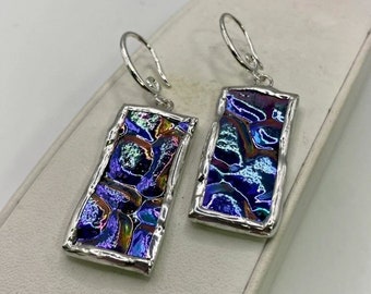 BLUE PURPLE Rectangle Drop Earrings by Hip Chick Glass, Stained Glass Earrings, Gift for Her, Dichroic Glass Earrings