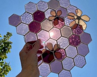 Purple Stained Glass Honeycomb with 3D Flowers by Hip Chick Glass, Stained-Glass Art, Stained-Glass Window Hangings, Flower Suncatchers