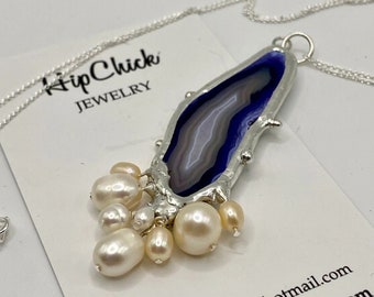 AGATE NECKLACE with Encrusted Pearls by Hip Chick Glass, Stained Glass Necklace, 925 Sterling Silver Chain, Pearl Necklace, Gemstone Pendant