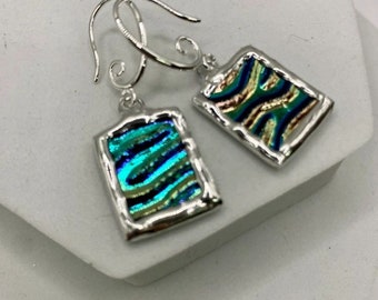 TEAL RIPPLE Stained Glass Earrings by Hip Chick Glass, Handmade Earrings, Glass Artist Earrings, Stained Glass Dangle Earrings, Dichroic