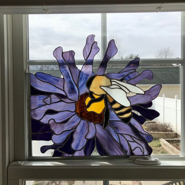 Stained Glass Bee in Flower, Honeybee Stained Glass Window Corner, Stained Glass Window Hanging, Stained Glass Panel, HipChickGlass