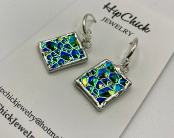 GREEN SQUARE Earrings by Hip Chick Glass, Stained Glass Jewelry, Dichroic Glass Earrings, Handmade Gifts on Sale, Under 30