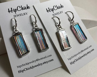 CLEAR STRIPE Rectangle Dangle Earrings by Hip Chick Glass, Dichroic Glass Earrings, Stained Glass Jewelry, Tiffany Stained Glass Earrings