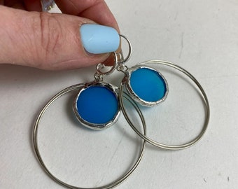 BLUE HOOP Earrings by Hip Chick Glass, Stained Glass Earrings, Stain Glass Earrings, Stained Glass Earrings for Women, Large Hoop Earrings