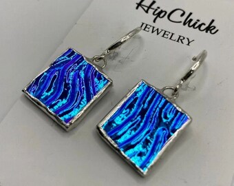 BLUE SQUARE Stained Glass Earrings by Hip Chick Glass, Stained Glass Jewelry, Dichroic Glass Earrings, Handmade Gifts, Handmade Jewelry