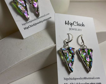 DICHROIC TRIANGLE Dangle Drop Earrings by Hip Chick Glass, Dichroic Earrings, Stained Glass Jewelry, Tiffany Glass Earrings, Glass Triangles