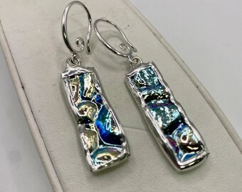 SILVER BLUE Shimmer Stick Earrings by Hip Chick Glass, Stained Glass Earrings, Dichroic Glass Earrings, Stain Glass Earrings