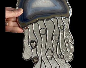 JELLYFISH VIII, Stained Glass Suncatcher by Hip Chick Glass, Stained Glass Art, Jellyfish Suncatcher, Agate Slice Art