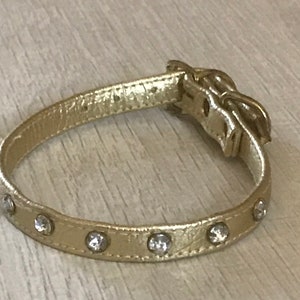 May include: A gold leather dog collar with clear rhinestones.