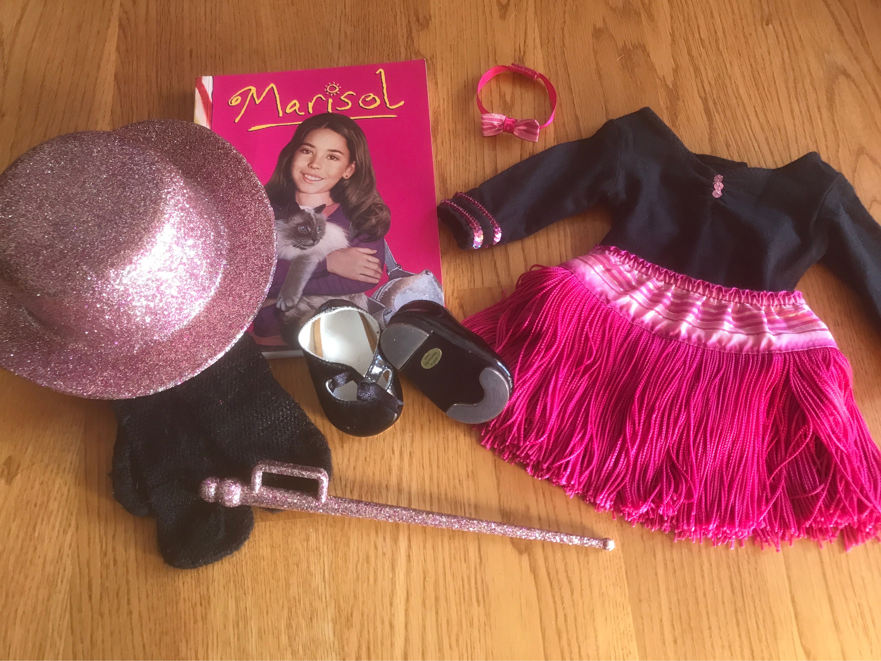 American Girl Marisol s Tap Outfit Fringe Skirt Bowtie Tap Shoes Pink Glitter Hat Cane With TLC Leotard and Fishnet Tights Retired Etsy