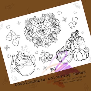May include: A black and white printable coloring sheet with a Halloween theme. The sheet features a variety of images, including a spiderweb, pumpkins, candy corn, a cup of hot chocolate, and a mouse. The text "Downloadable coloring sheet (Suitable for printing or digital coloring)" is at the bottom of the sheet.