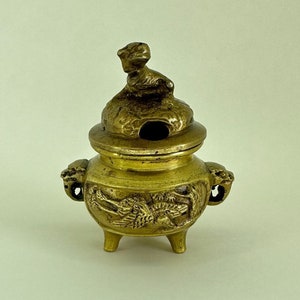 Vintage Small Brass Foo Dog Incense Burner with Floral & Crane Bird Ornate Details