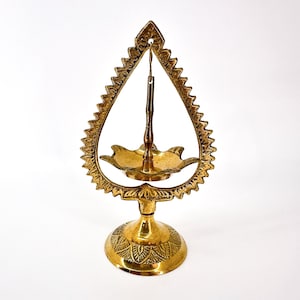 Vintage Indian Hanging Brass Oil Diya Lamp Teardrop Stand