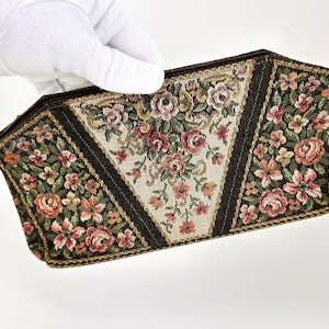Antique Petit Point Floral Tapestry Clutch | Hexagonal Evening Bag with Matching Mirror & Interior Pocket | Art Deco Elegance