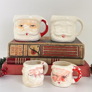 Vintage Santa Face Mugs, Set of 4 - Winking Santa Christmas Mugs - 2 regular sized mugs and 2 miniature mugs