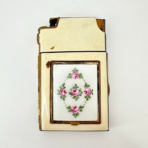Vintage 1930s Marathon Compact Lighter Cigarette Case Combo Cream Enamel  With Guilloche Pink Roses